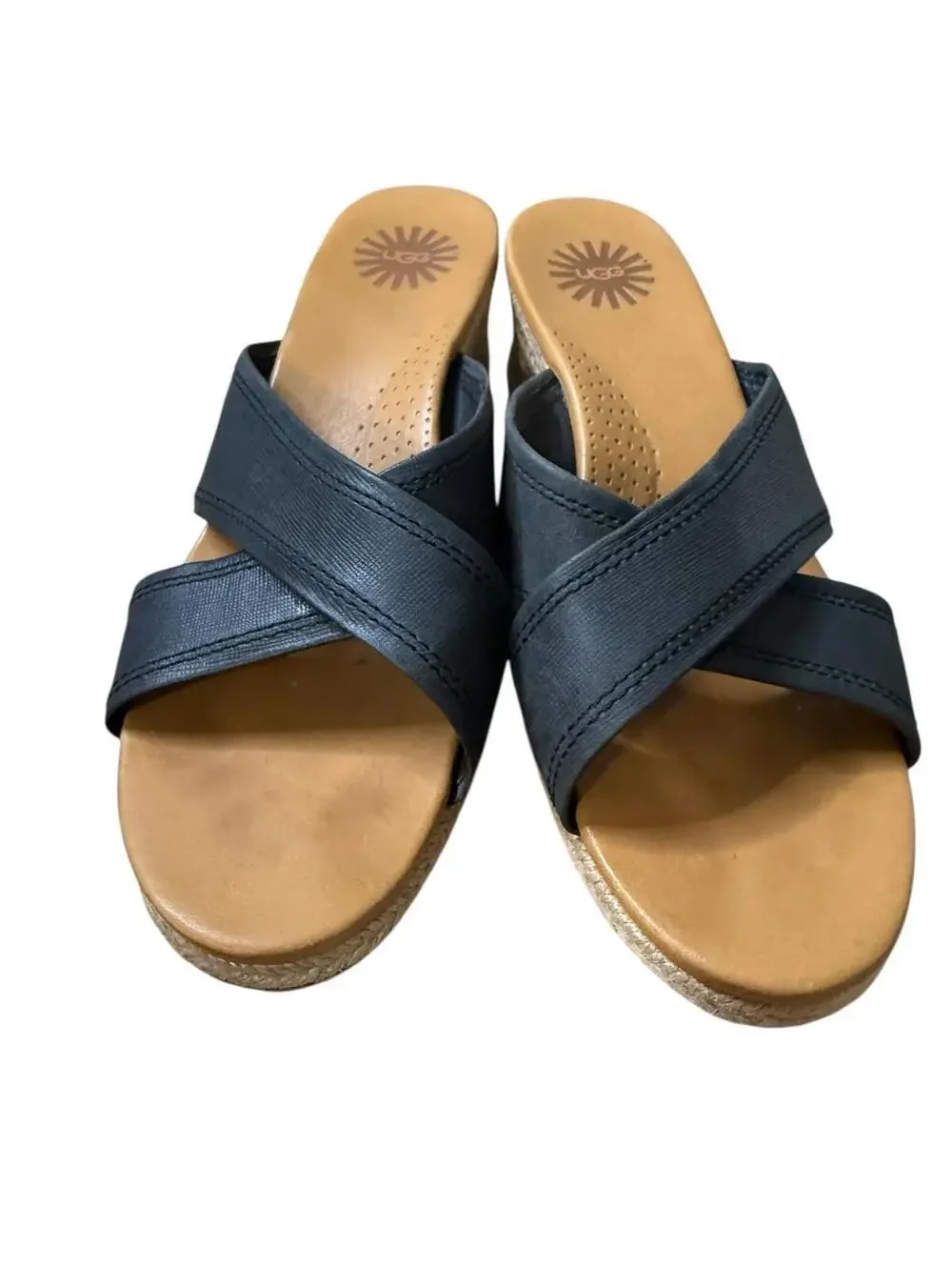 UGG Australia Womens Gwyn Espadrille Wedge Leather Sandals Size 8 Black Slides